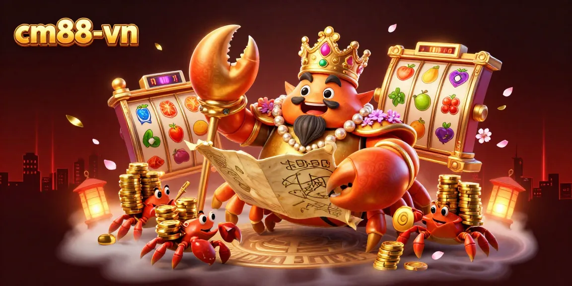 Experience high-stakes gaming with cm88-vn, featuring a golden crab emperor surrounded by vibrant slot elements.