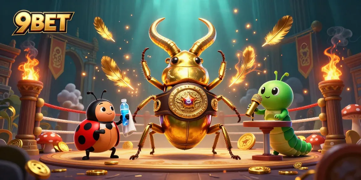 Engage in thrilling action with 9BET as a golden stag beetle battles in a vibrant casino arena.