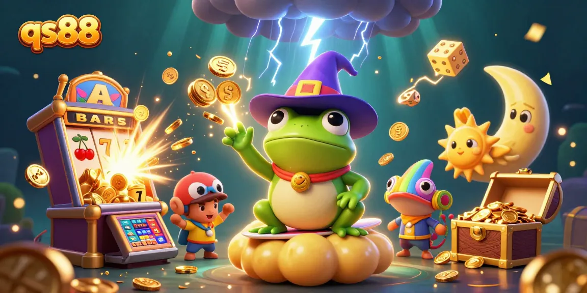 Engage with qs88's exciting casino world through a vibrant illustration of whimsical characters and thrilling slot elements.