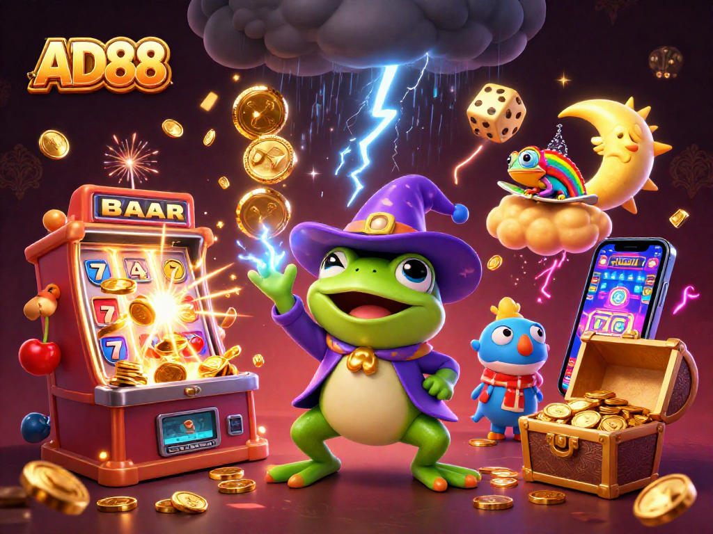 Win big with AD88’s thrilling gaming atmosphere filled with vibrant casino elements and excitement.