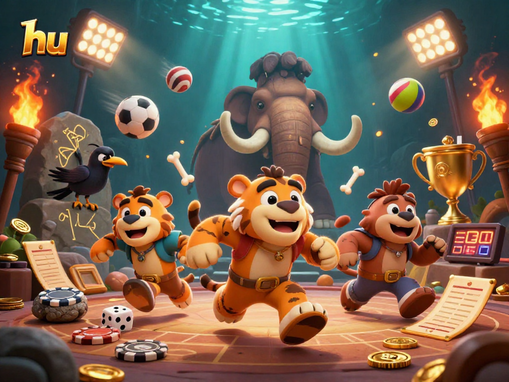Engaging scene showcasing hu-themed caveman duo managing a casino, enriched with dynamic sports betting elements.