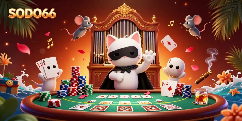 Engage with SODO66's vibrant casino scene featuring a whimsical white cat and mouse acrobat.