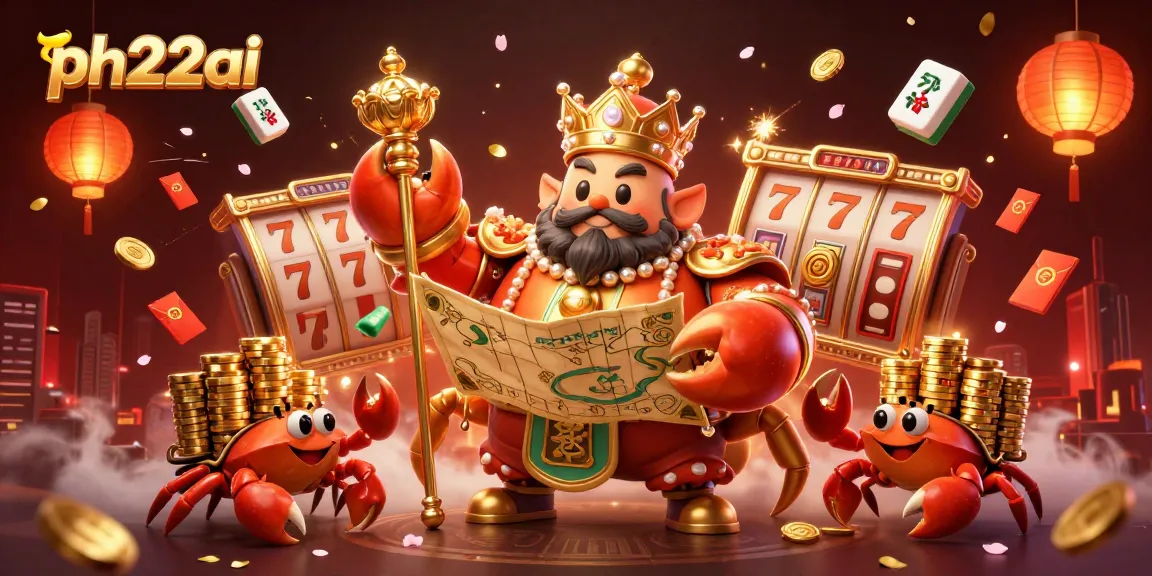Experience winning moments with ph22ai in this vibrant illustrated casino scene featuring a golden crab and dynamic gaming elements.