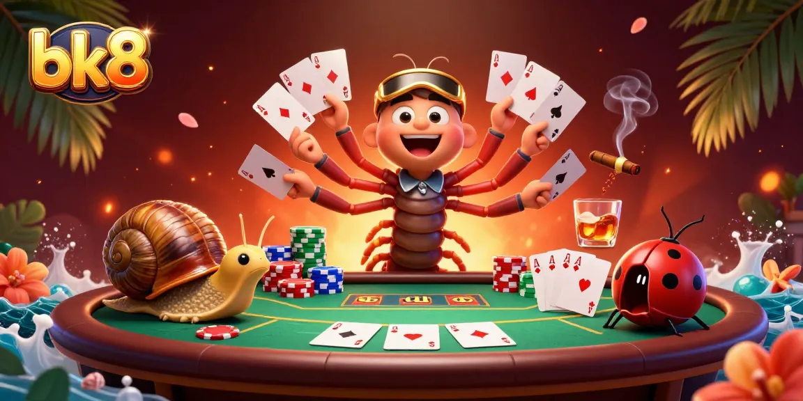 Engage in thrilling bk8 poker action with a millipede dealer and high-roller snail in a vibrant casino.