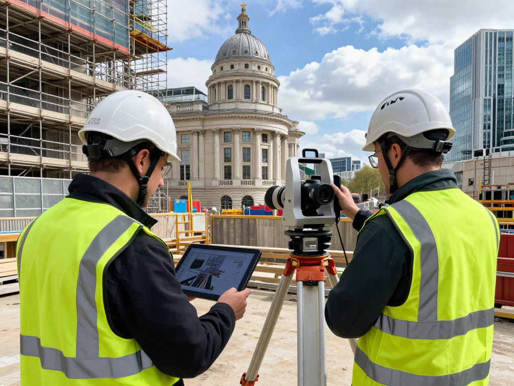 3D Laser Scanning London team surveying a historical building with advanced equipment.