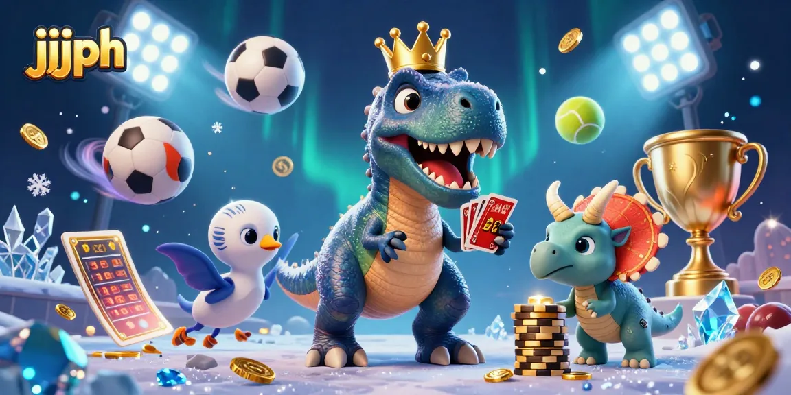 Engaging scene depicting jjjph characters navigating sports betting with a T-Rex, pterodactyl, and triceratops.