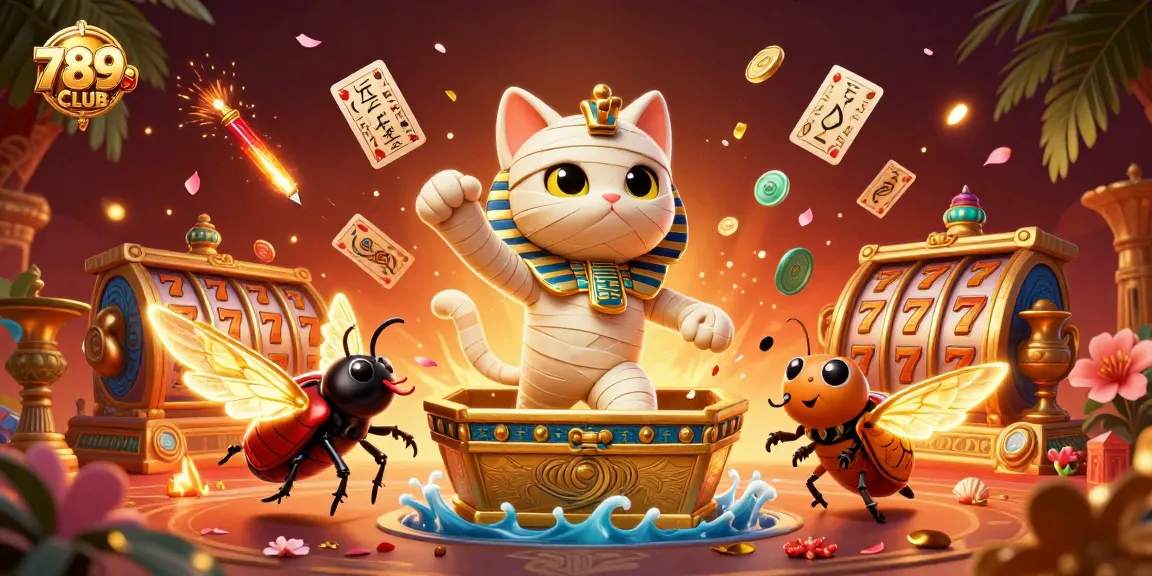 Spin the reels at 789CLUB: a captivating casino scene with a mummy cat and golden sarcophagus.