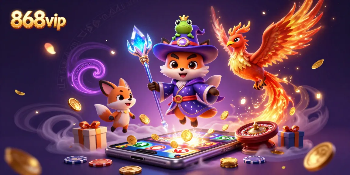 Engage with thrilling slots at 868vip with a mystical fox and fiery phoenix in 3D casino scene.