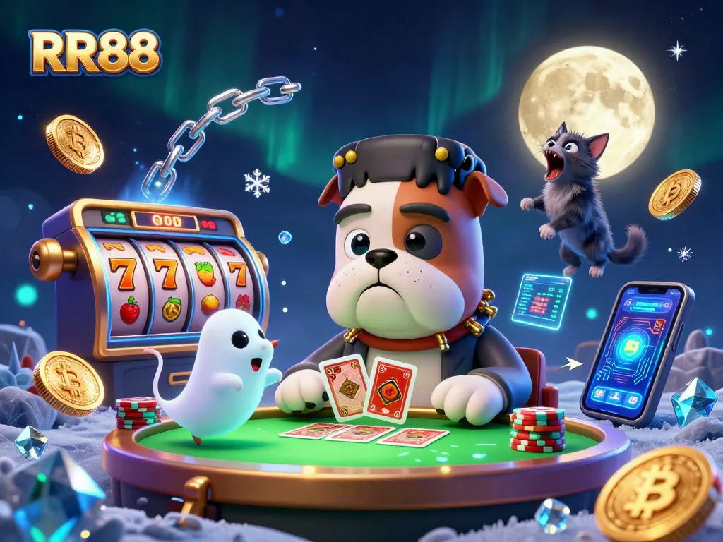RR88 showcases a vibrant casino scene with a Frankenstein bulldog dealer amidst exciting slot elements.