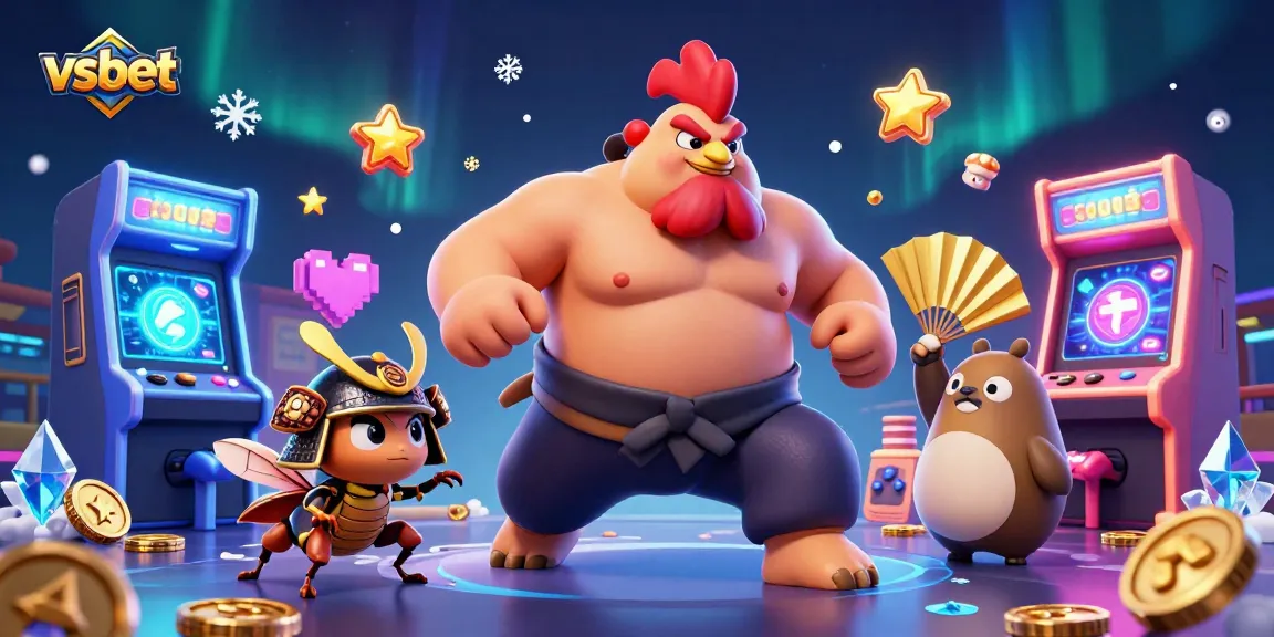 Experience winning with vsbet in this vibrant 3D gaming scene featuring a sumo wrestler, cricket, and tanuki.