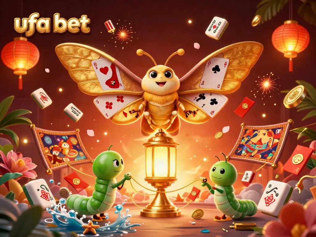 Experience the excitement of ufa bet with vibrant 3D casino elements, featuring an atlas moth and golden lanterns.