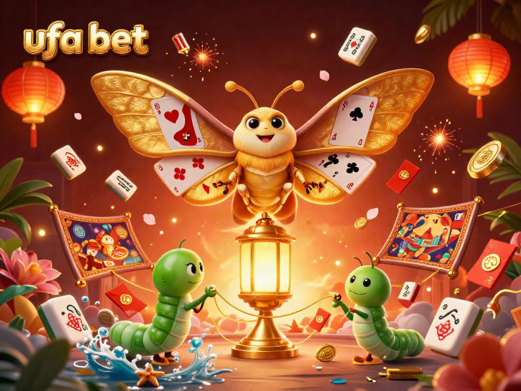 Experience the excitement of ufa bet with vibrant 3D casino elements, featuring an atlas moth and golden lanterns.