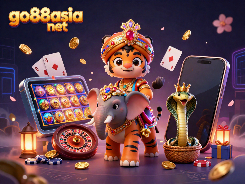 Experience the thrill of gambling at go88asia net with a vibrant 3D scene featuring elaborate casino games and rich characters.