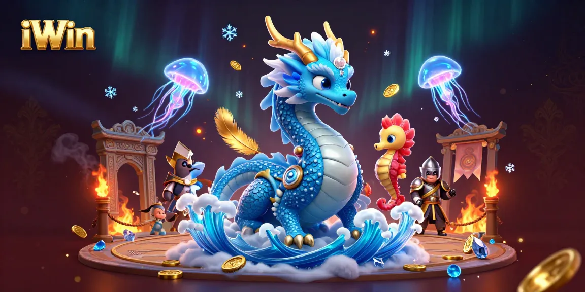 iWin features dynamic 3D elements with a vivid azure dragon and glowing jellyfish in a casino-inspired setting.