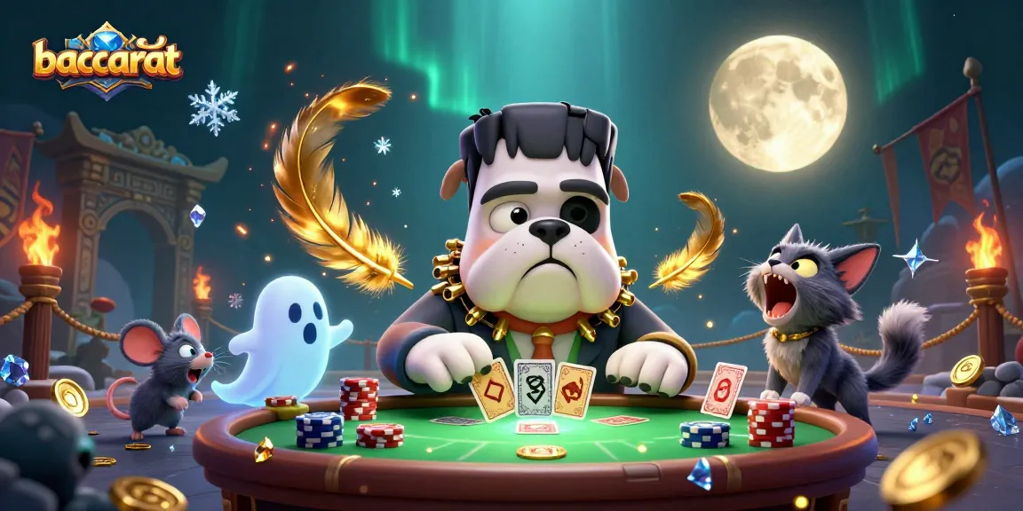 Baccarat game scene with a Frankenstein bulldog monster dealing cards, showcasing excitement and gaming strategy.