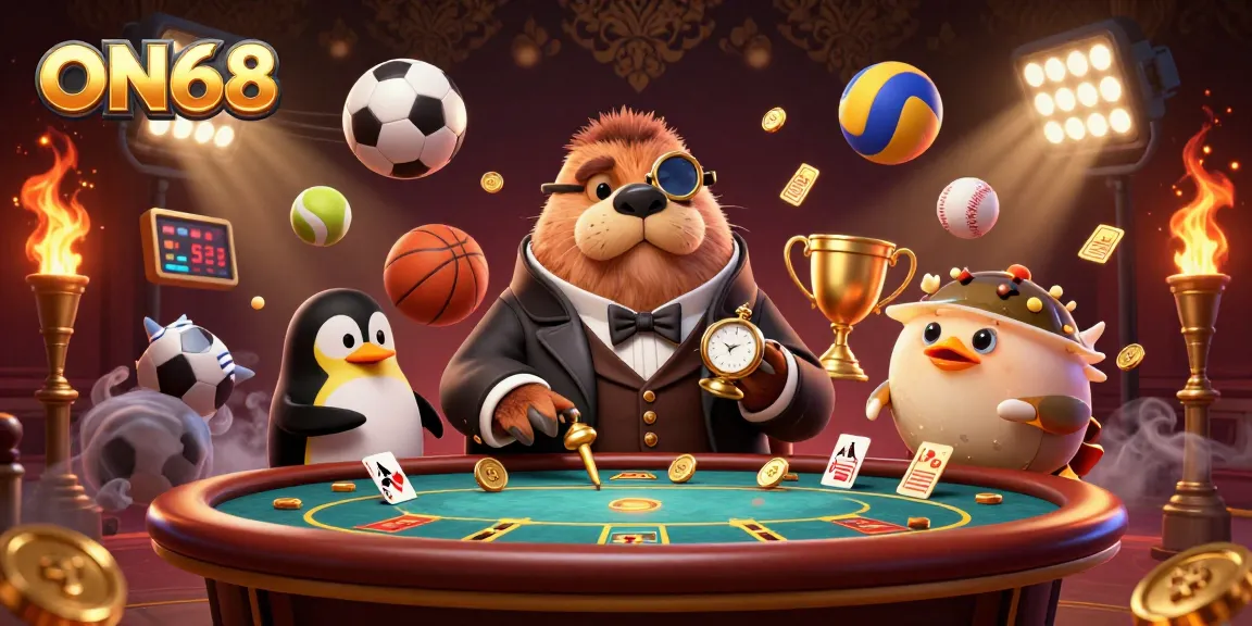 Engage in thrilling online gameplay at ON68 with our jolly walrus and friends at a poker table.