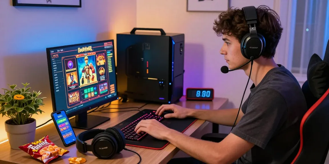 Engaging gamer session showcasing depo pulsa 10k tanpa potongan gameplay, vibrant atmosphere with laptop, snacks, and gaming gear.