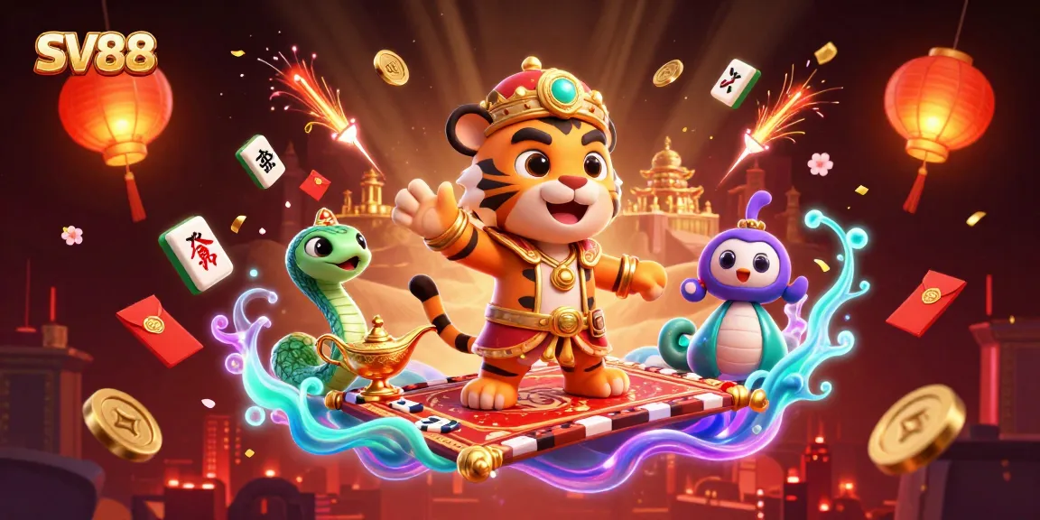 Experience the thrill of SV88 gaming with a dynamic 3D illustration showcasing an Arabian Nights theme.