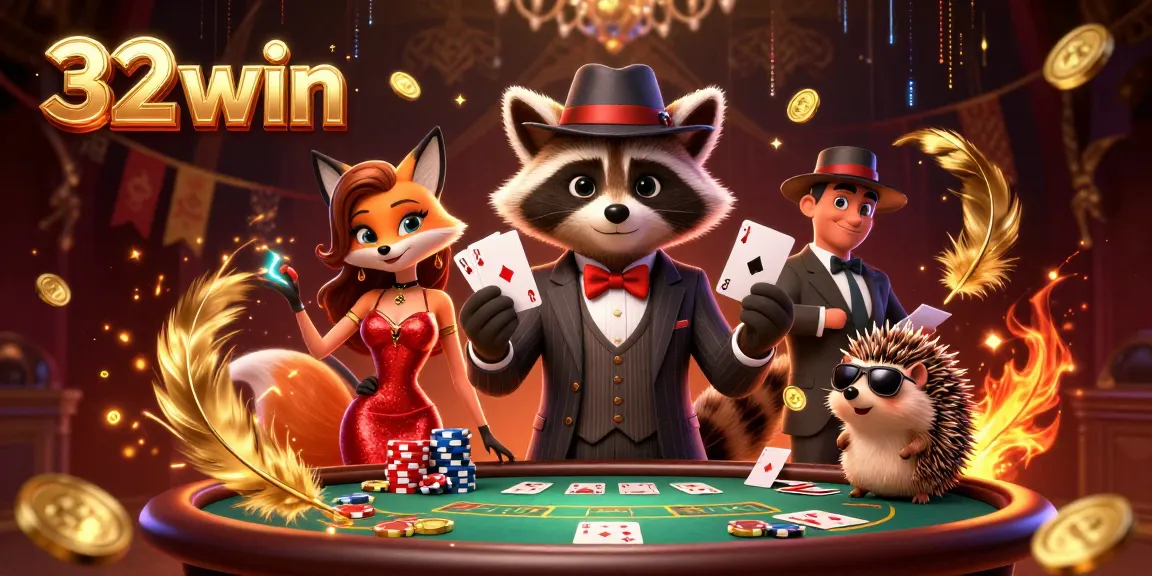 Experience the thrill of 32 win with a raccoon and friends at a vibrant poker table, showcasing a royal flush.