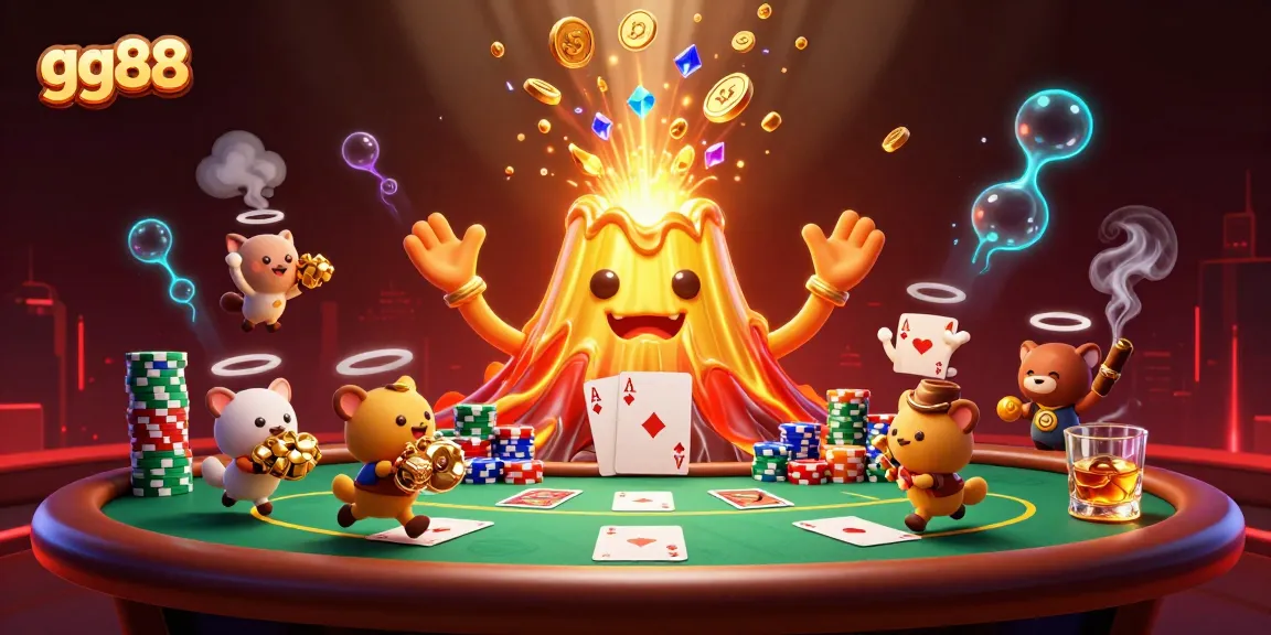 Experience the excitement of gg88 as a golden volcano erupts coins, surrounded by poker elements and gem treasures.