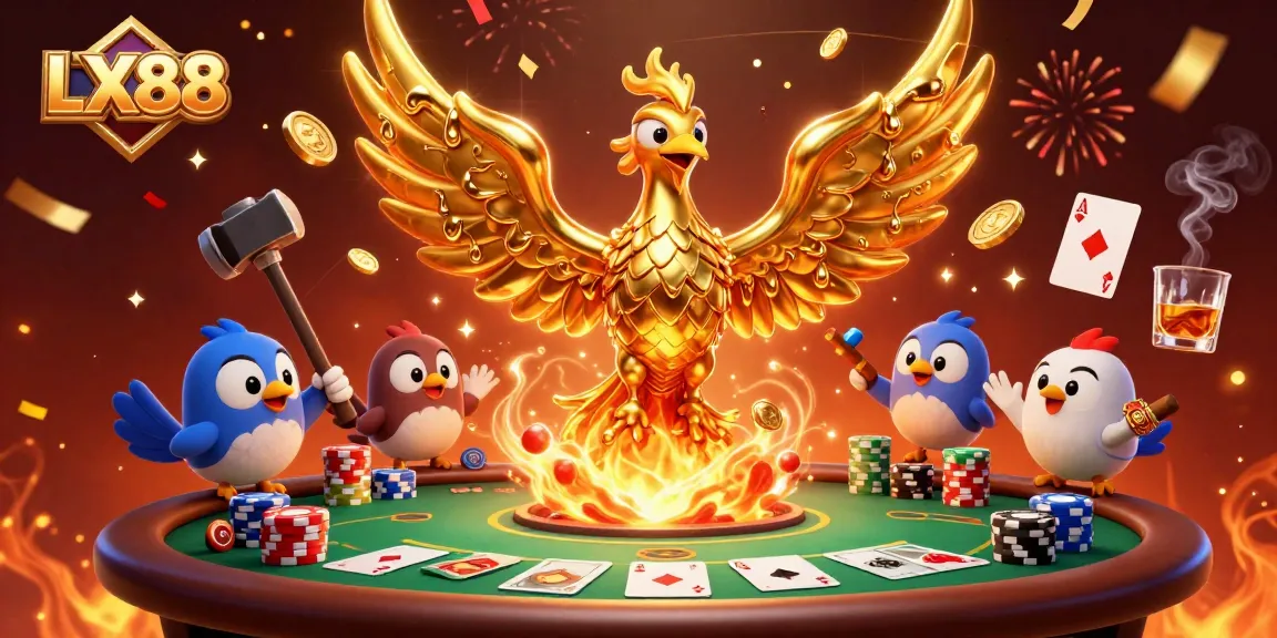 Engage in thrilling gameplay at LX88 with a golden phoenix and vibrant casino elements