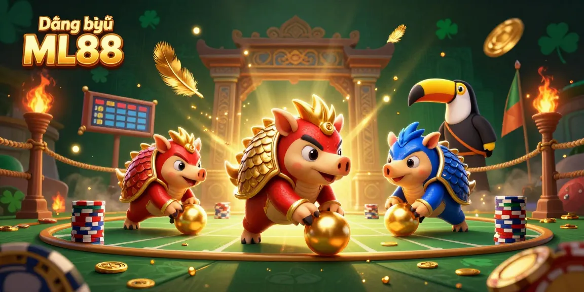 Roll into golden delights with Đăng ký ML88, featuring pangolins in an immersive casino scene.