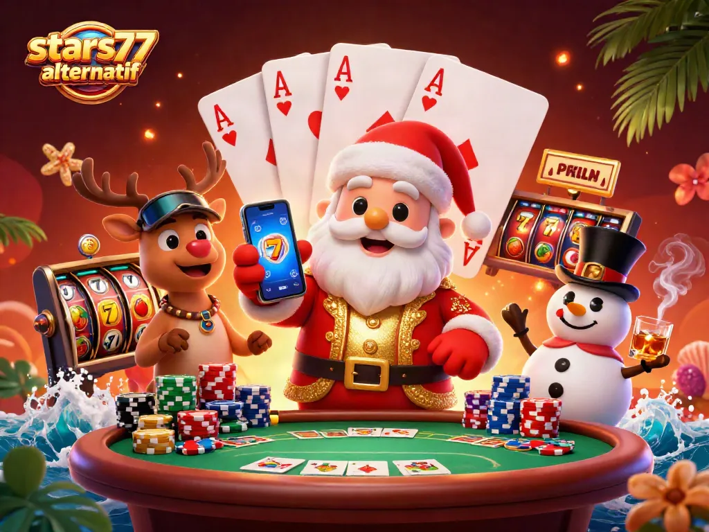 Menyajikan slot jackpot di stars77 alternatif dengan karakter Santa dan teman-teman berbasis kasino yang ceria.