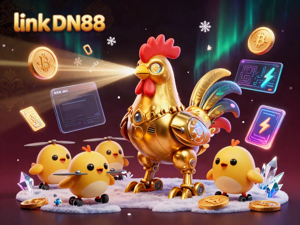 Experience link DN88 gaming excitement with a golden rooster robot and vibrant crypto elements.