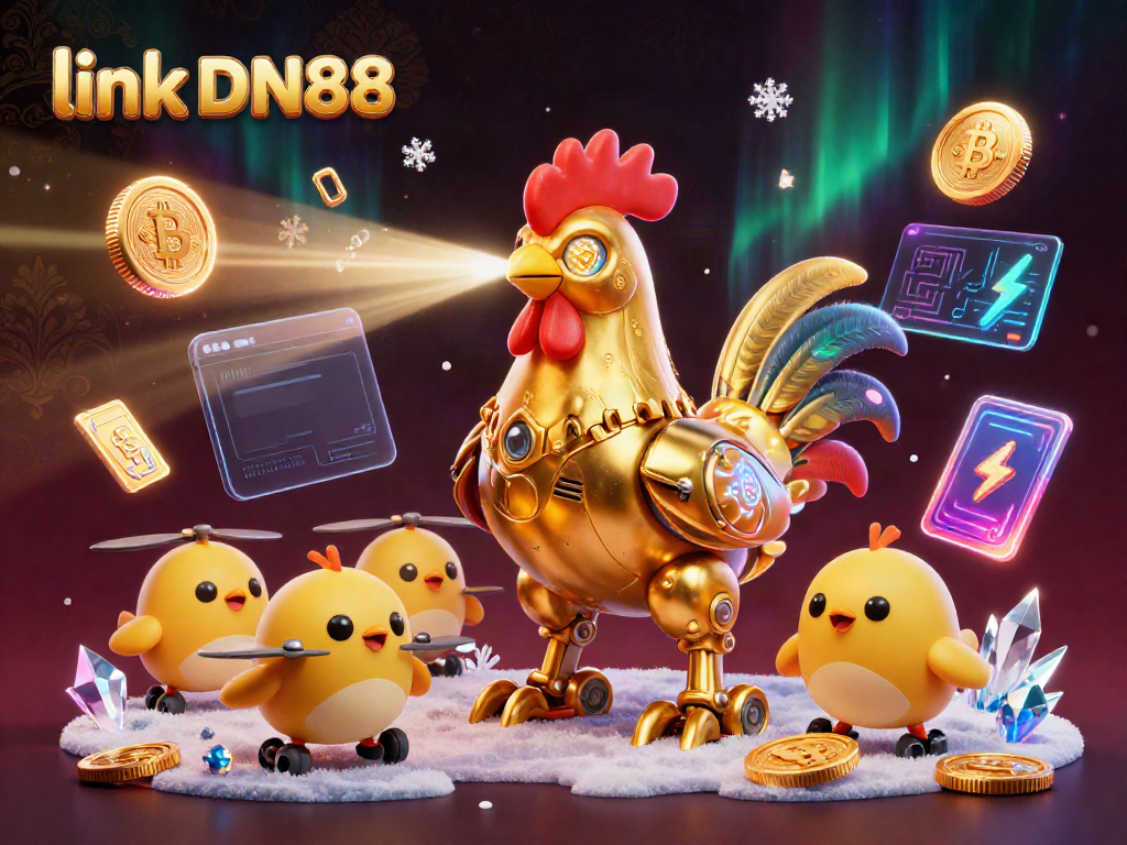 Experience link DN88 gaming excitement with a golden rooster robot and vibrant crypto elements.