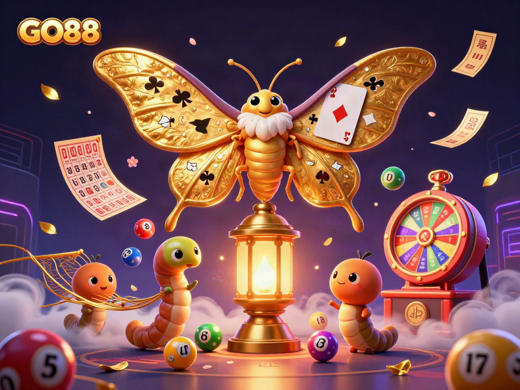 Engage in thrilling experiences at GO88 with a vibrant 3D casino scene featuring dynamic lottery elements.