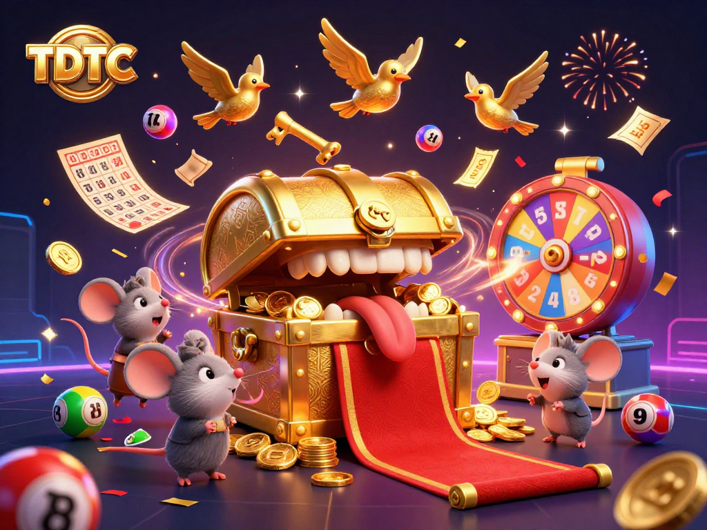 Experience TDTC's vibrant lottery scene with colorful balls and dynamic characters.