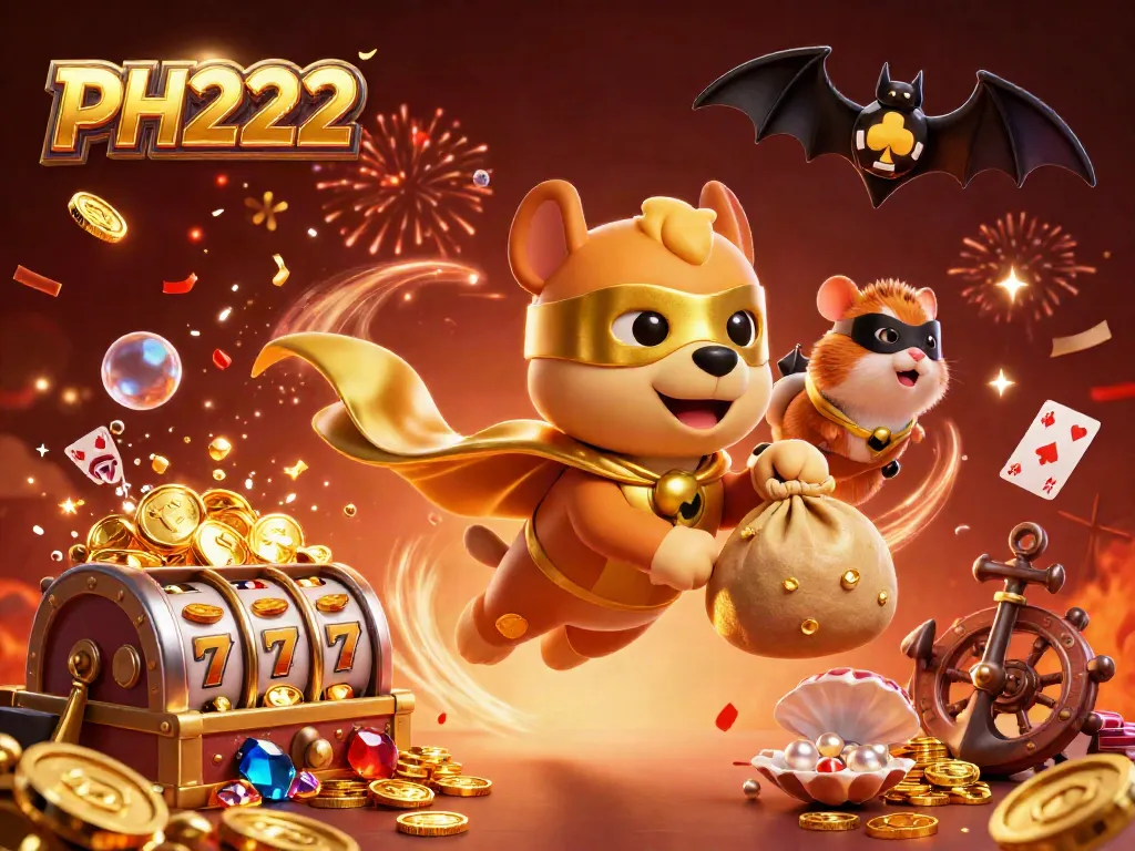 PH222 characters, a superhero dog and a hamster, explore a vibrant casino scene filled with gold coins and slot reels.