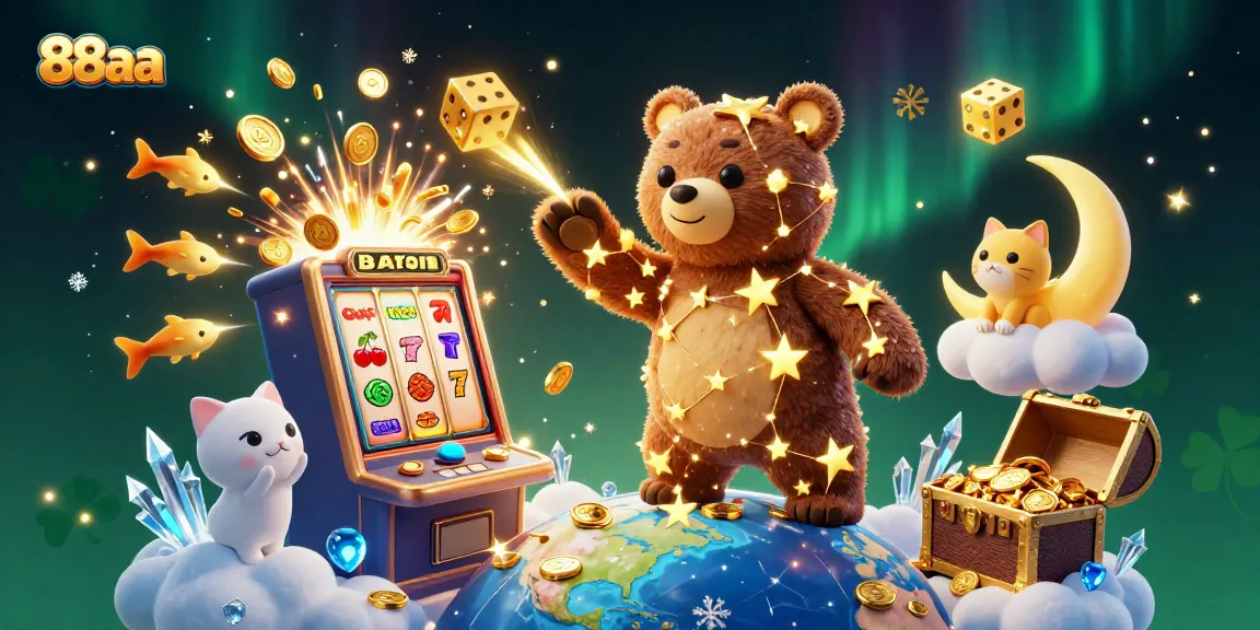 Join in the thrilling adventures of 88aa as constellation characters scoop up coins amidst vibrant casino elements.
