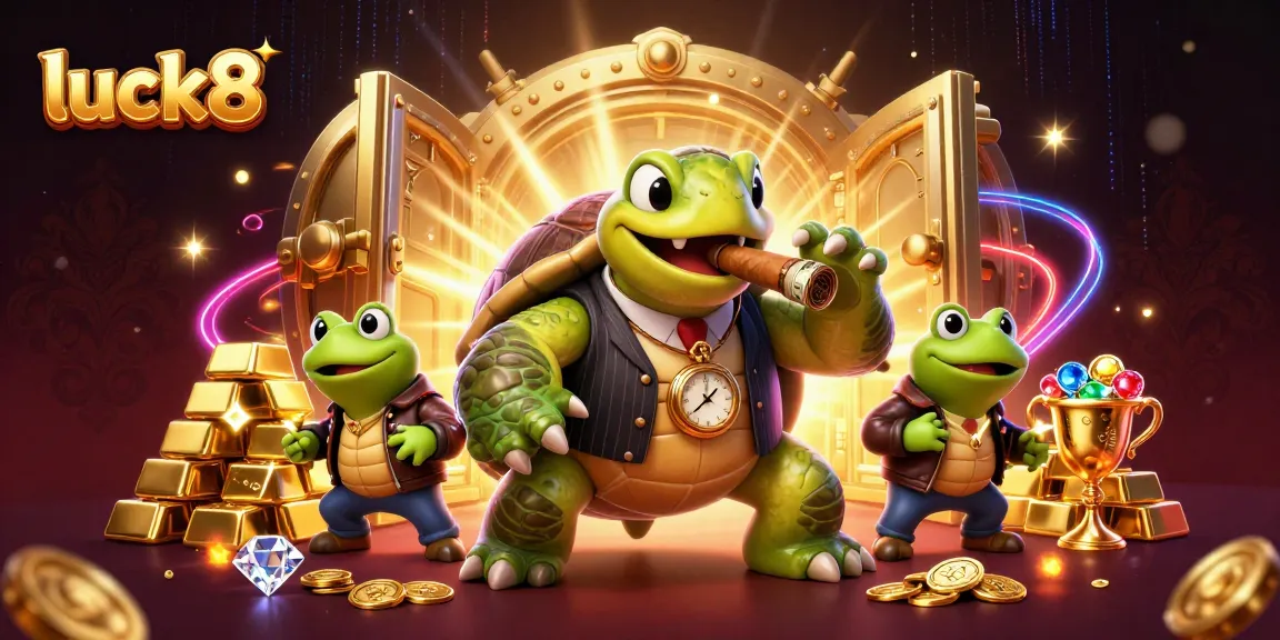 Join the excitement at luck8 with vibrant casino elements featuring a snapping turtle in a mobster suit and gemstones!