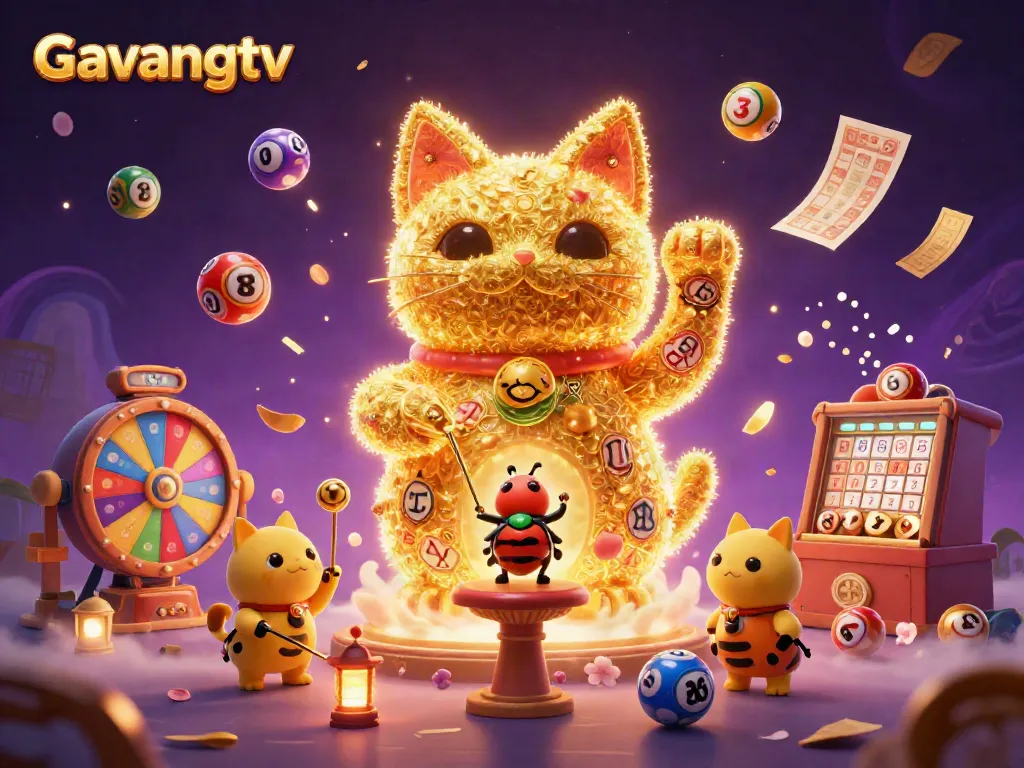 Experience the magic of Gavangtv with dynamic lottery elements and a giant lucky cat illustration.