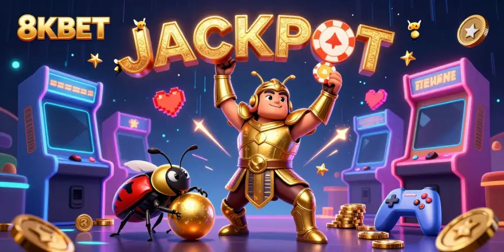 Experience the thrill of 8KBET with gambling characters celebrating a jackpot win in a vibrant 3D casino scene.