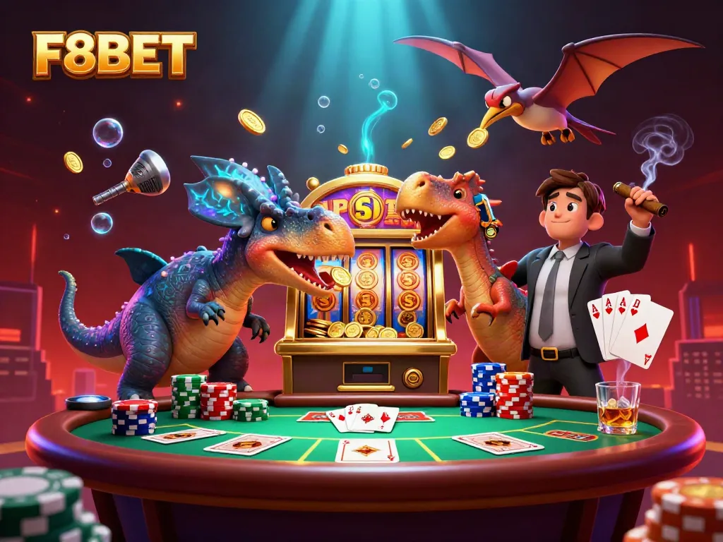 F8BET's thrilling jackpot scene featuring dinosaurs celebrating a winning slot machine payout.