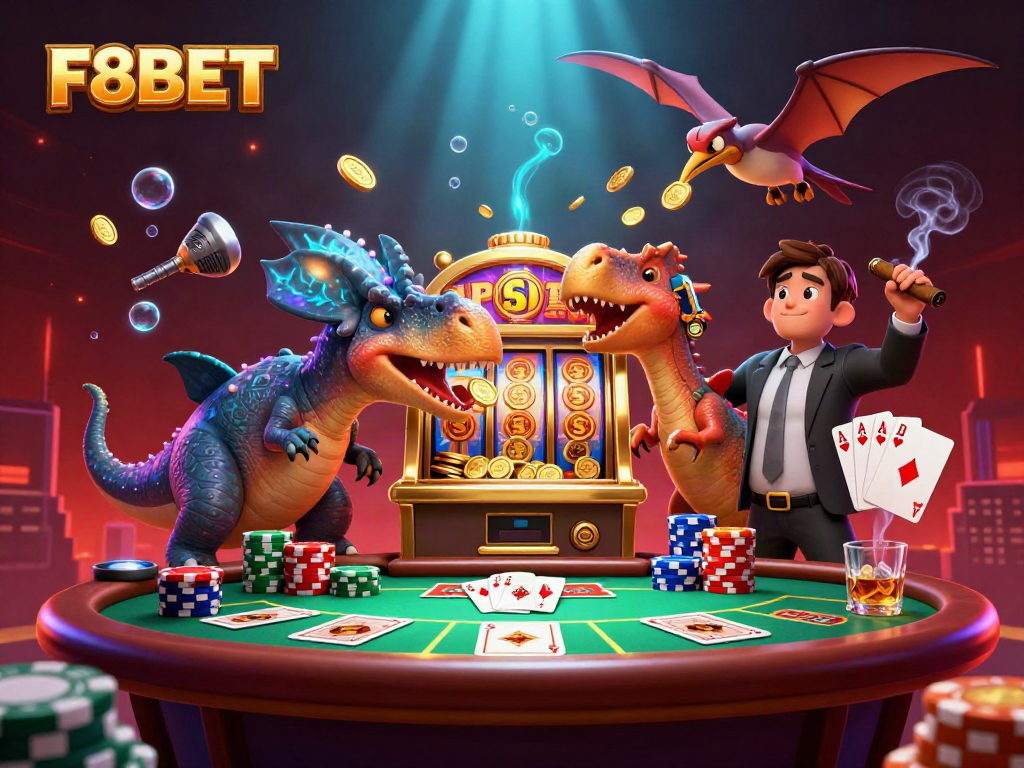F8BET's thrilling jackpot scene featuring dinosaurs celebrating a winning slot machine payout.