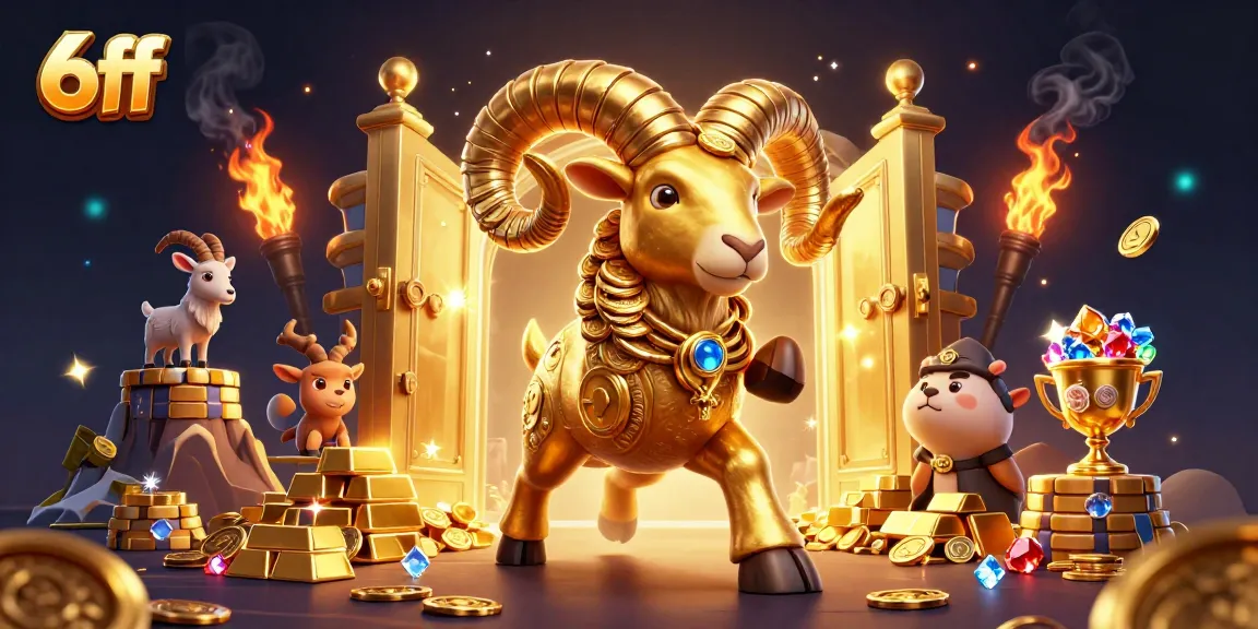 Experience the excitement of 6ff with stunning 3D golden ram and treasure elements in a vibrant casino scene.