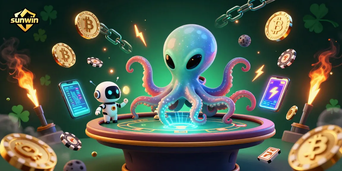 Experience thrilling poker action with sunwin in a colorful 3D casino scene featuring alien companions.
