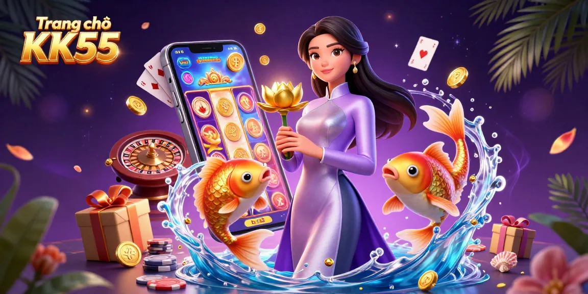 Engage with the vibrant world of Trang chủ KK55 as an elegant Asian woman showcases slot gaming excitement with koi fish.