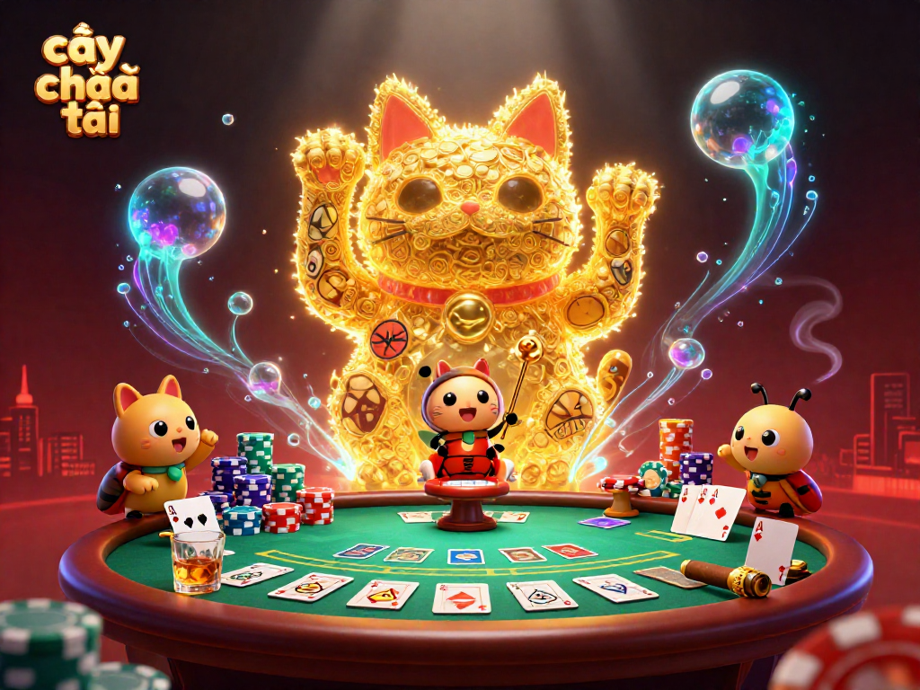 Engage with cây phát tài in an enchanting 3D scene featuring a lucky cat and vibrant casino symbols.