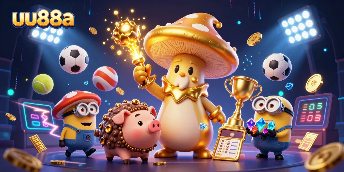 Experience the magic of gaming with uu88a's vibrant 3D illustration full of treasures and sports elements