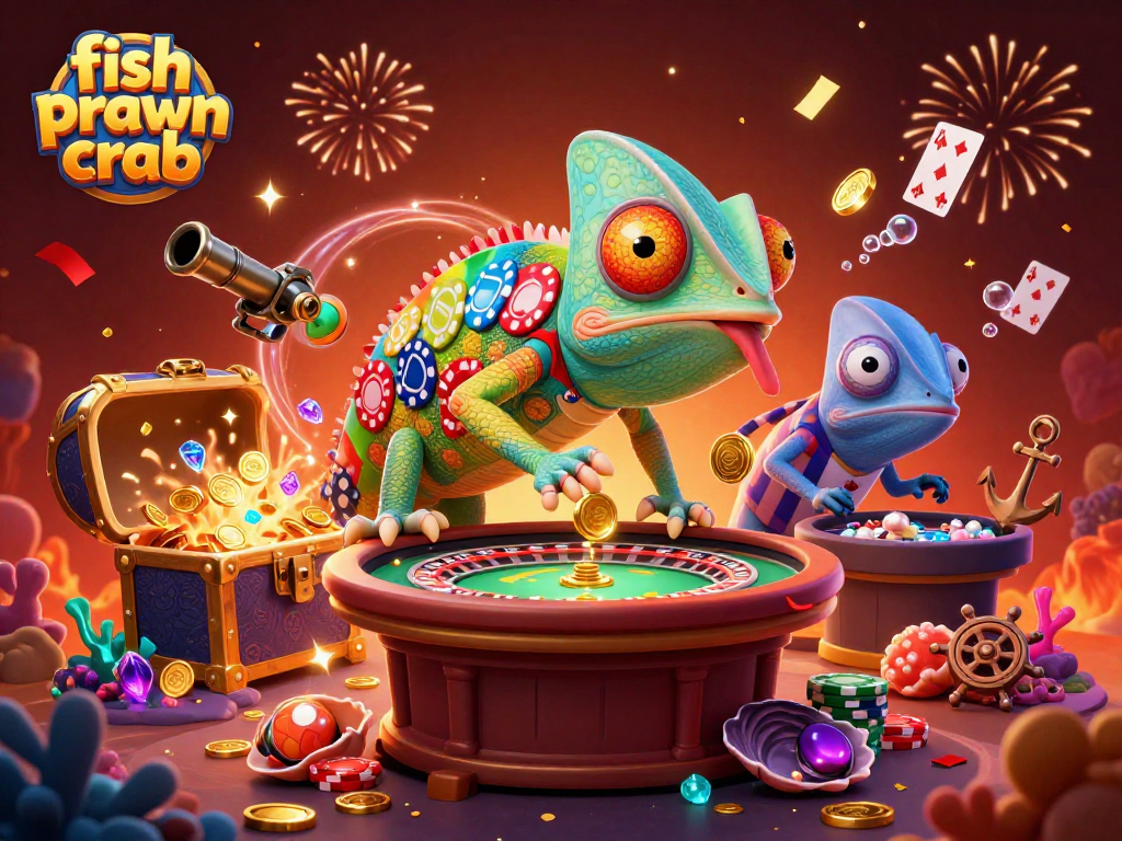 Engage in the thrilling fish prawn crab game with vibrant characters and treasure elements.