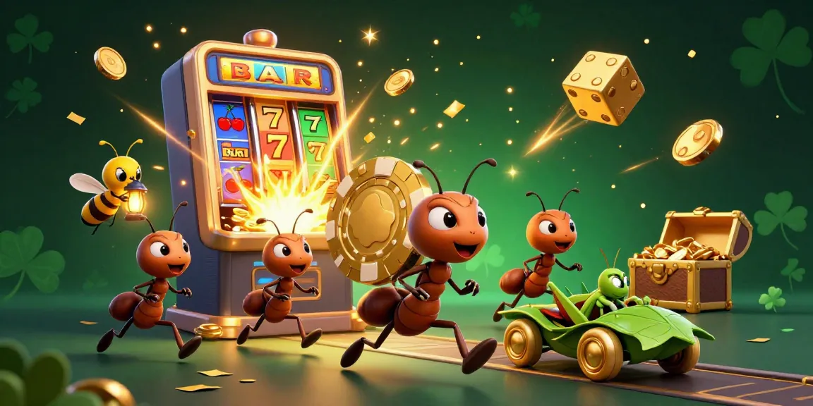 BONG88 ants carry a giant poker chip amidst a jackpot explosion, symbolizing casino excitement.