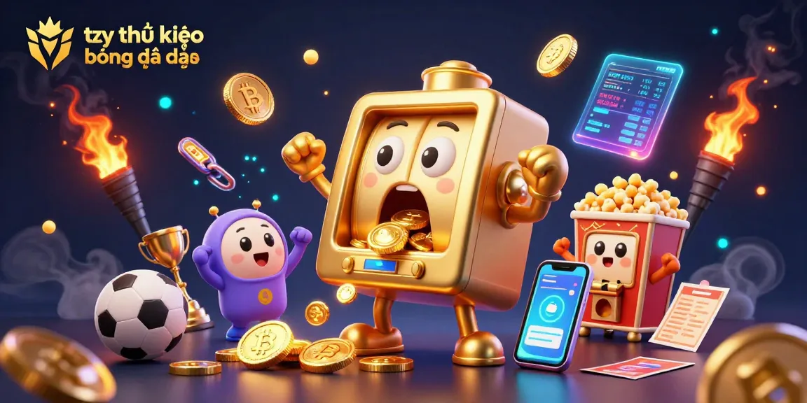 Engaging scene of tỷ lệ kèo bóng đá nhà cái showcasing a golden slot machine hitting a jackpot surrounded by sports betting elements.