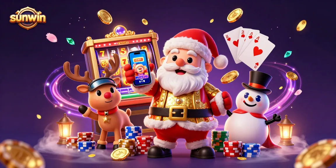 Win big with sunwin, featuring Santa and friends in a vibrant 3D casino scene.