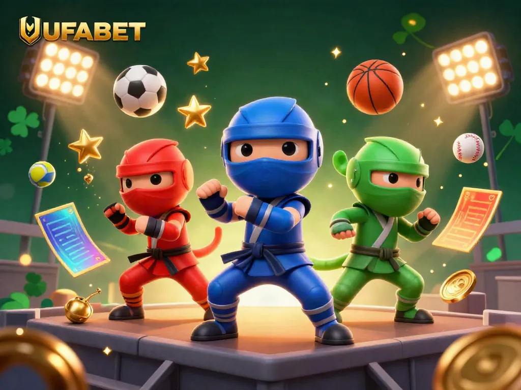 Experience thrilling sports action with UFABET as chameleon ninjas engage in dynamic poses amidst vibrant gambling elements.