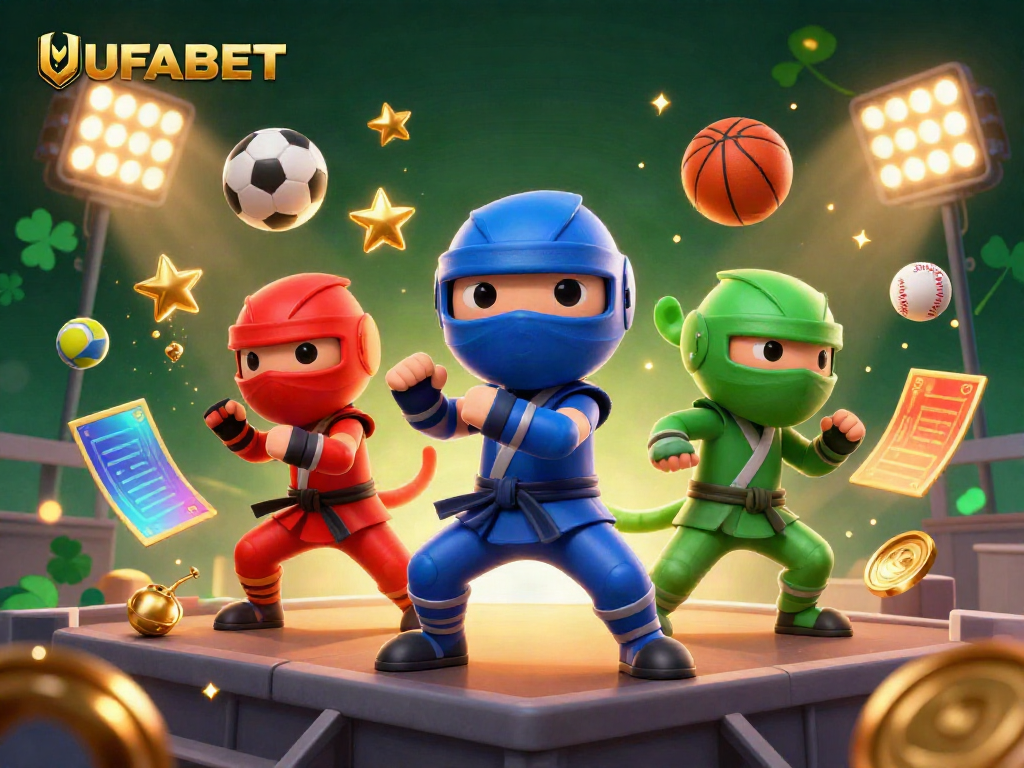 Experience thrilling sports action with UFABET as chameleon ninjas engage in dynamic poses amidst vibrant gambling elements.