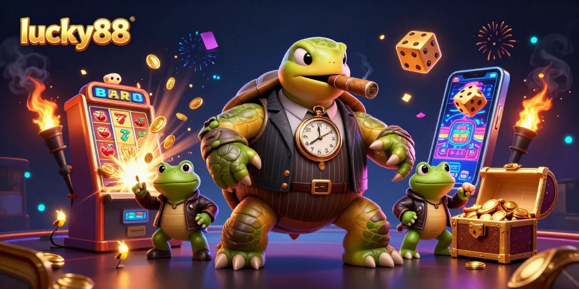 Experience the excitement of lucky88 with a cartoon turtle mobster surrounded by gambling elements.